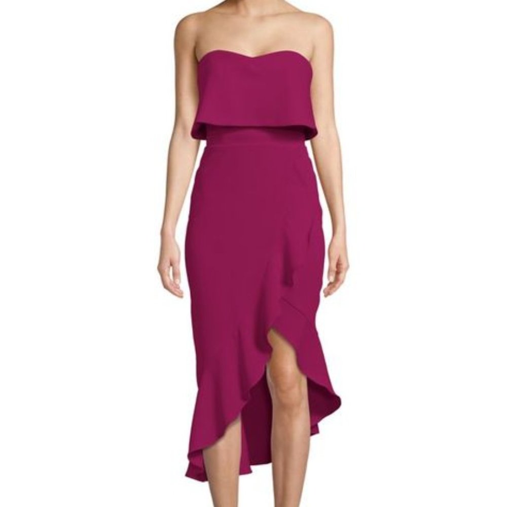 Xscape Strapless Ruffle High-Low Midi Dress (Sz 4)
